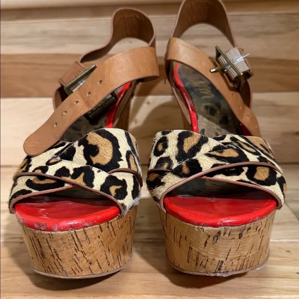 Sam Edelman Leopard Print Platform Wedges with Tan Straps and Red Footbed